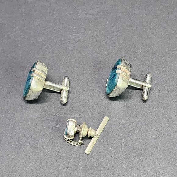 Vintage Swank Cufflinks Arc De Triomphe Aqua Blue Silver-tone SET - Picture 6 of 11